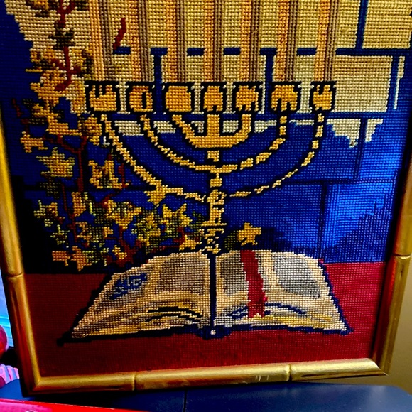 Large Needle Point Approximately19’ by 13’ Vibrant Colors Gold Bamboo Frame - Picture 6 of 12